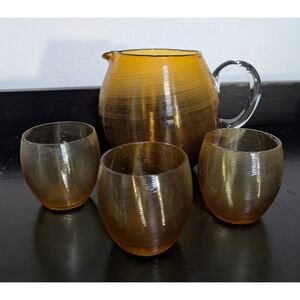 VTG Blown Ribbed Amber Glass Pitcher Clear Handle 5" w/3 Small Glasses 2 1/2"